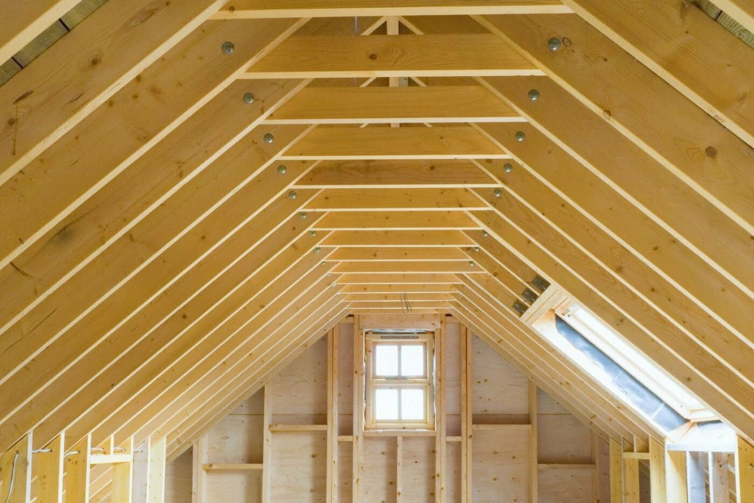 Interior of a wooden attic under construction, featuring exposed beams, a window frame, and bright natural light.