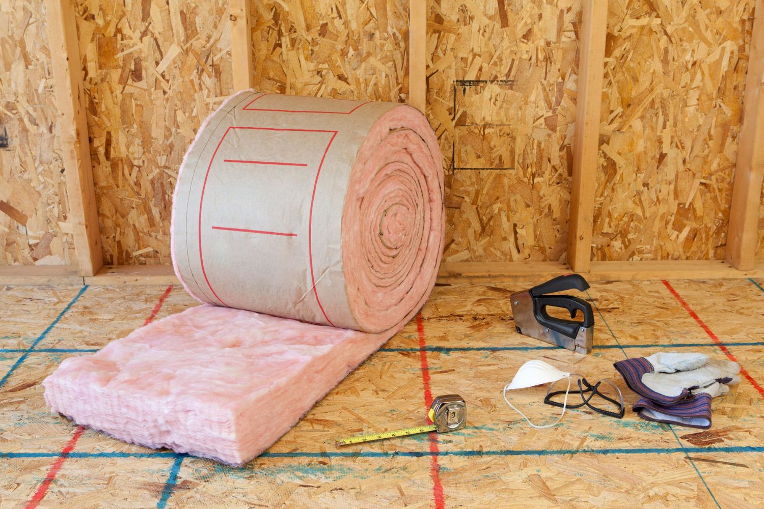 A roll of insulation material placed on the floor in an empty room.