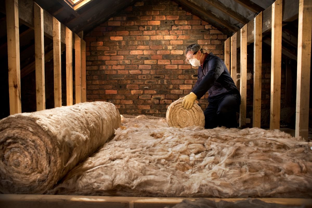 A man installs insulation in an attic, demonstrating a professional insulation service for energy efficiency.