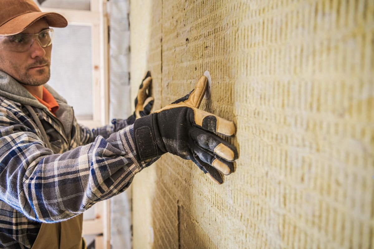  A man in gloves and a hat installs insulation on a wall, demonstrating his work in an insulation service.